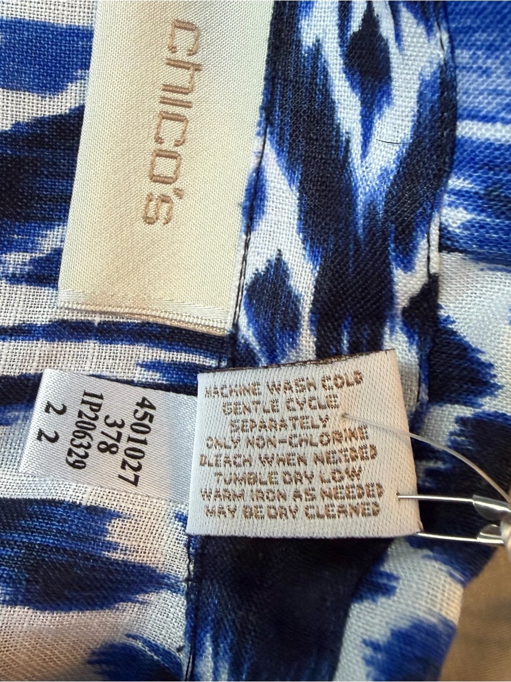Chico's Shirt Sz 2 Large Linen Women’s Blue/White Ikat Abstract 100% Linen Tunic - Picture 10 of 11